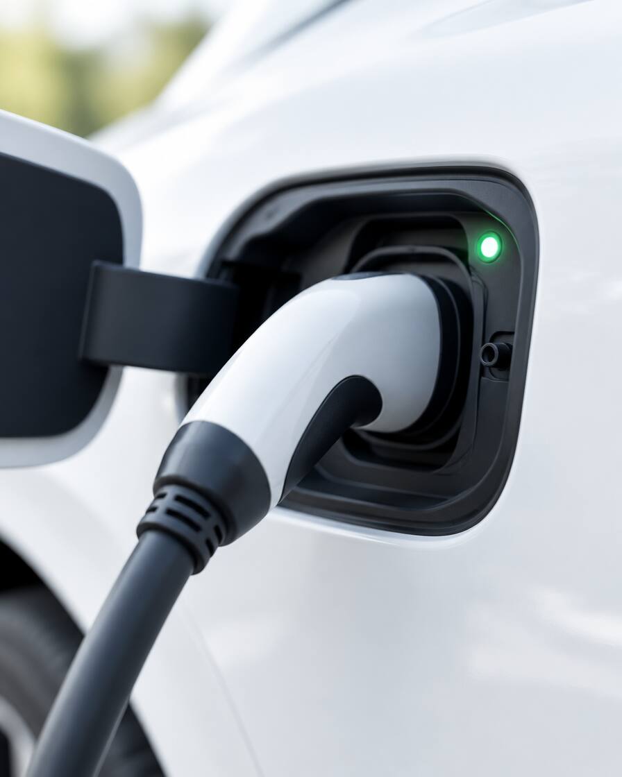 Cargador conectado al puerto de un carro eléctrico con la luz verde encendida